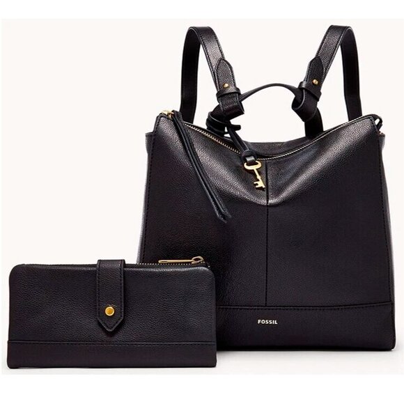 S Fossil Elina Black Leather Convertible Backpack SHB2979001 Purse Bag NWT $250